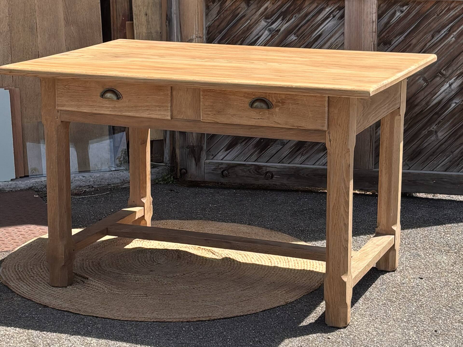 Old farmhouse table in raw solid oak with 2 drawers.