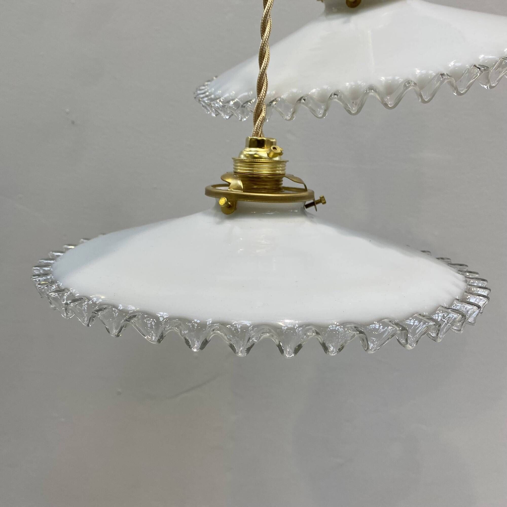 Pair of vintage pendant lights in white opaline and transparent serrated edges