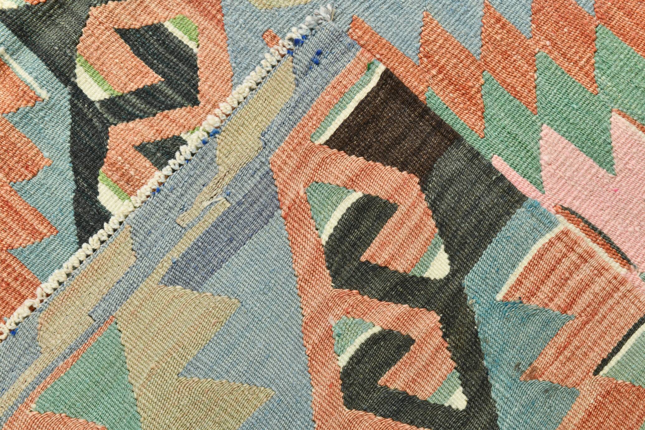 6x10 Light Blue & Green Goemetric Kilim Rug, Handmade Wool Bedroom Carpet
