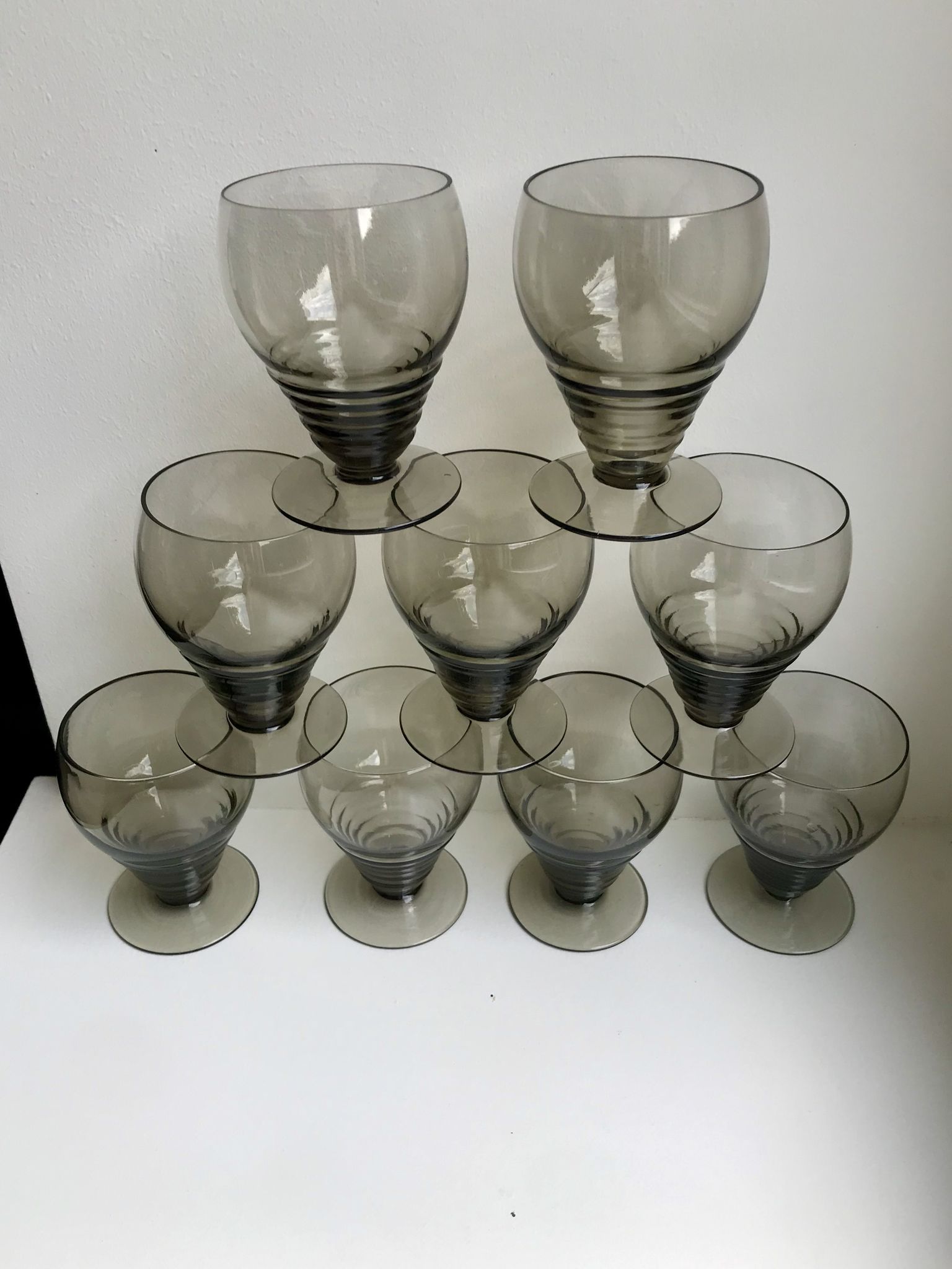 Set of 9 art deco liqueur glasses in smoked glass 30-40s