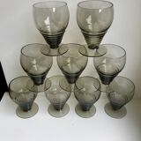 Set of 9 art deco liqueur glasses in smoked glass 30-40s