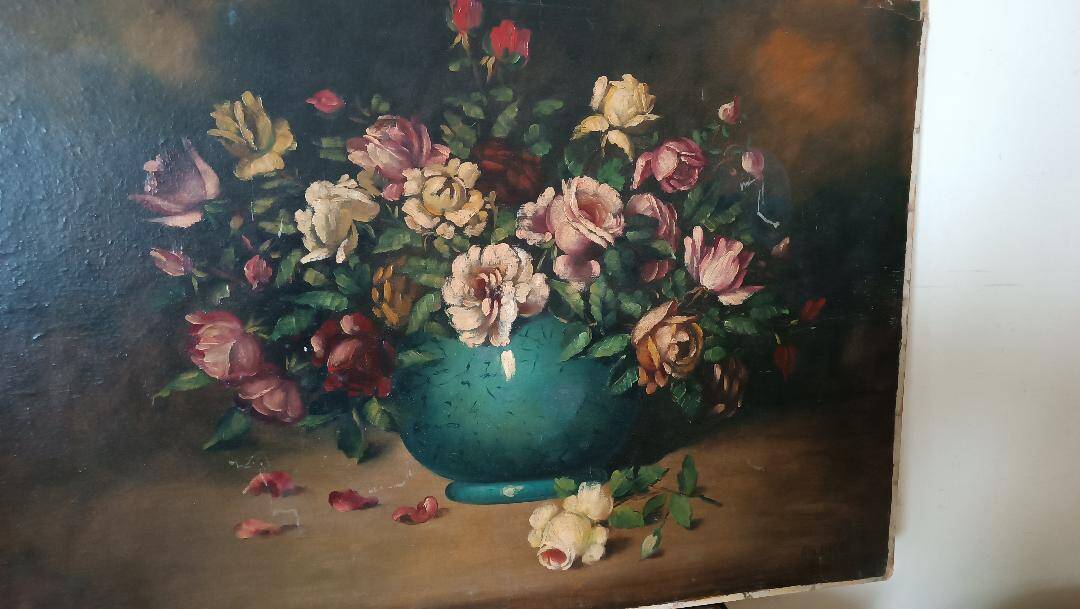 Large oil painting on canvas - Vase with flowers - Still life - Ita
