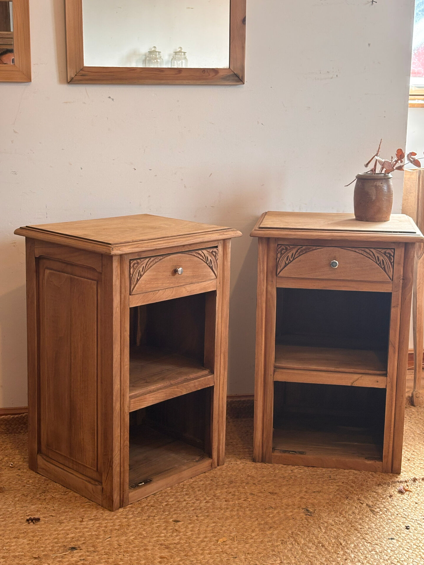 Pair of antique bedside tables / nightstands in raw solid oak.