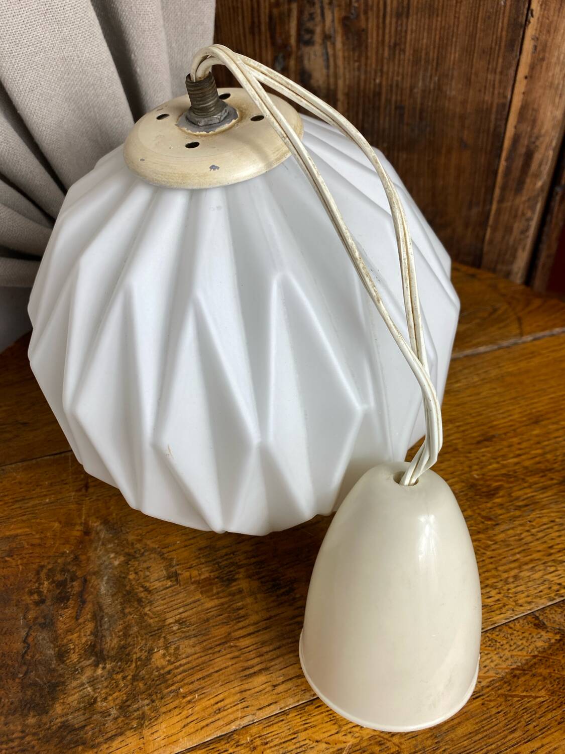 Designer pendant light with geometric opaline glass globe, mid-20th century