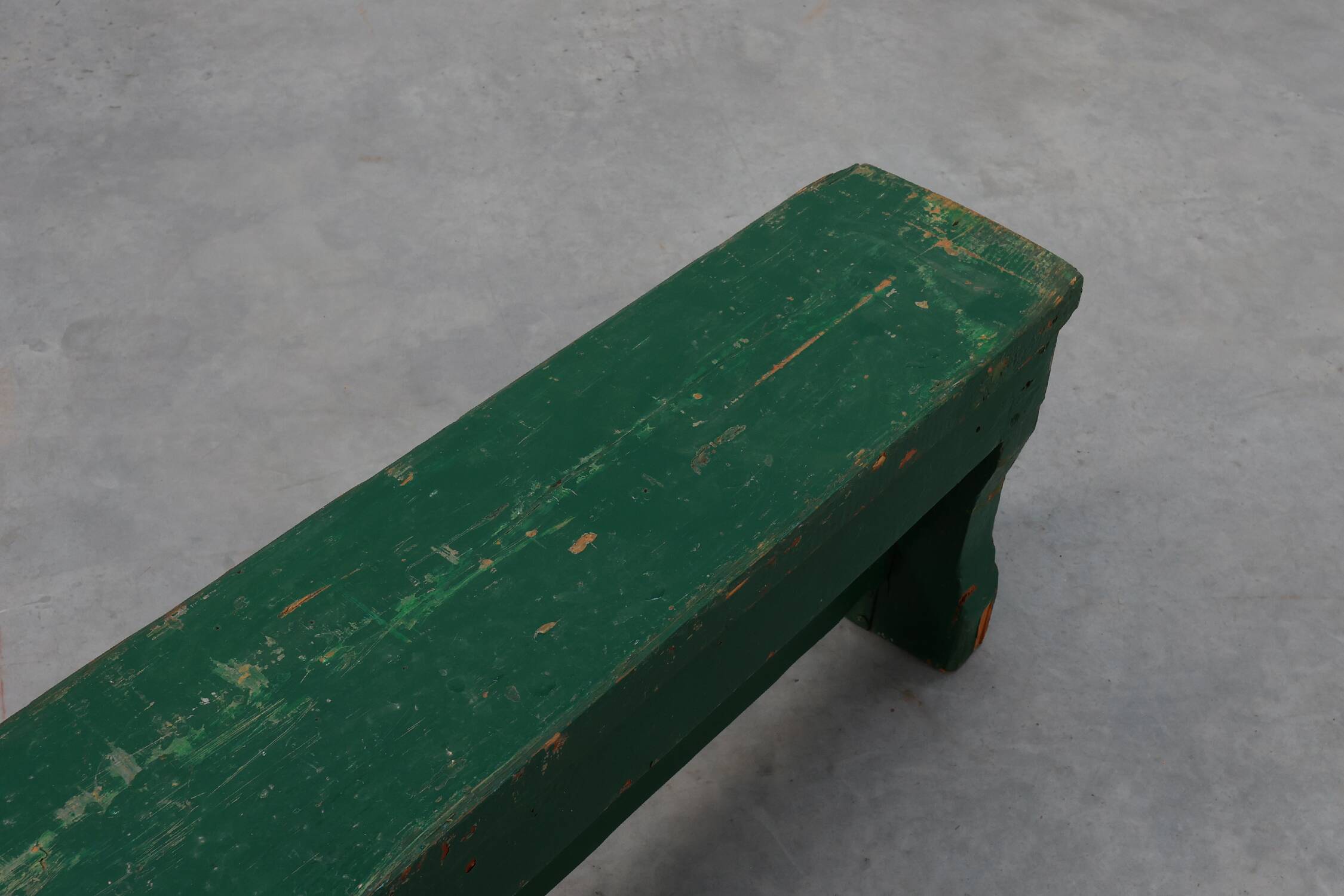 Rustic primitive green farmhouse bench in solid oak, France ca. 1900