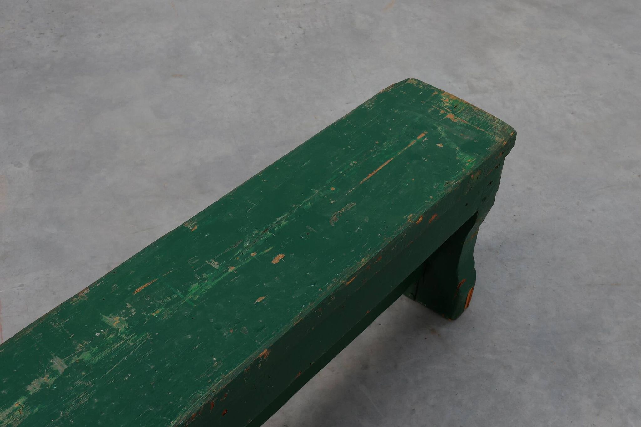 Rustic primitive green farmhouse bench in solid oak, France ca. 1900