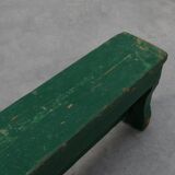 Rustic primitive green farmhouse bench in solid oak, France ca. 1900
