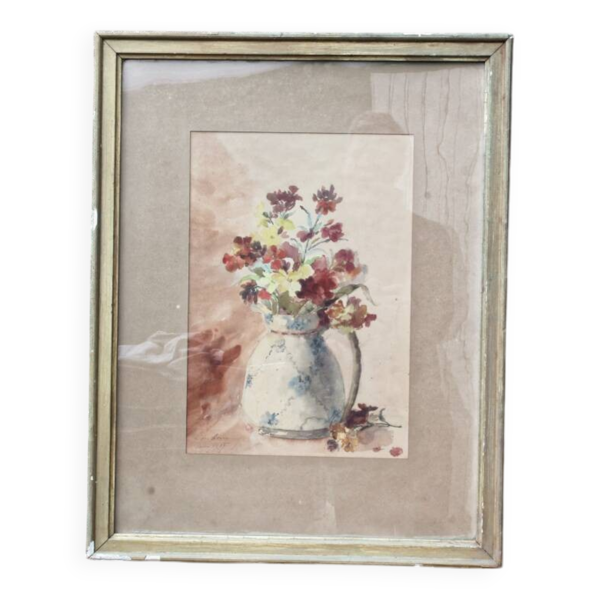 Nature morte, aquarelle bouquet de fleurs, signée L. de Bouvry