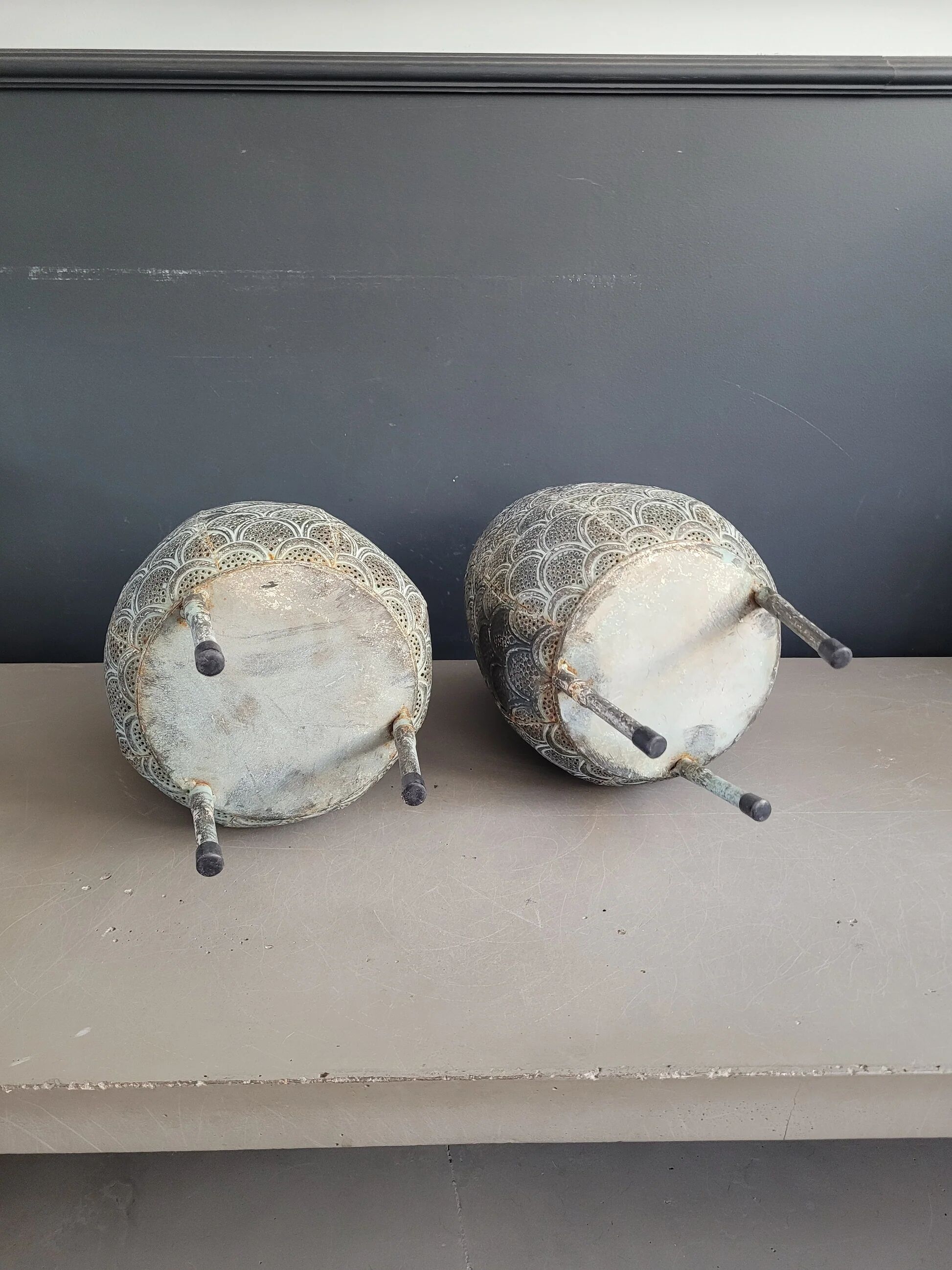 Pair of openwork metal lanterns