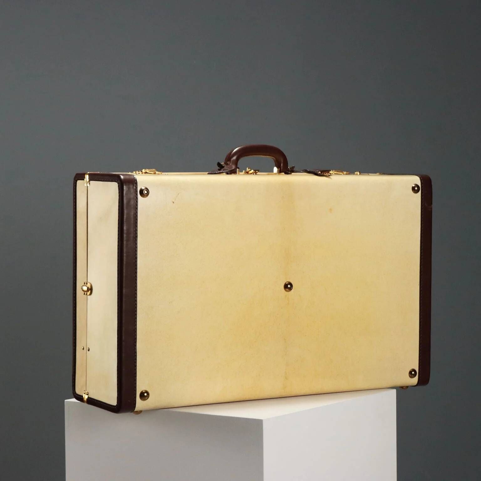 Vintage suitcase in parchment, cotton and leather, Italy, 1960s