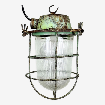 Green Industrial Soviet Bunker Pendant Light with Iron Grid, 1960s