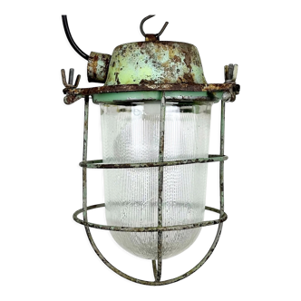 Green Industrial Soviet Bunker Pendant Light with Iron Grid, 1960s