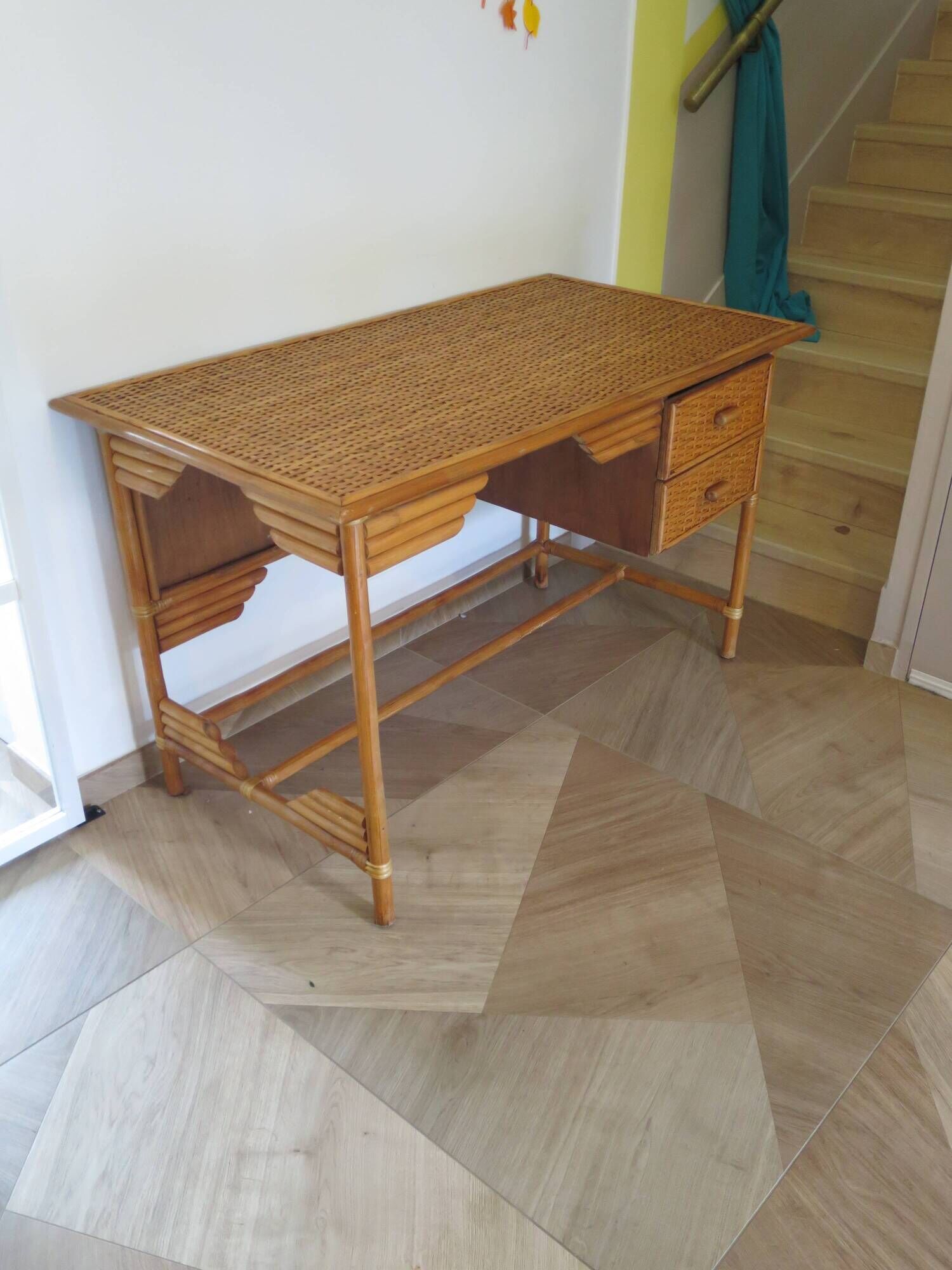 desk - wood-bamboo and woven wicker rattan - 2 drawers - large top - 80