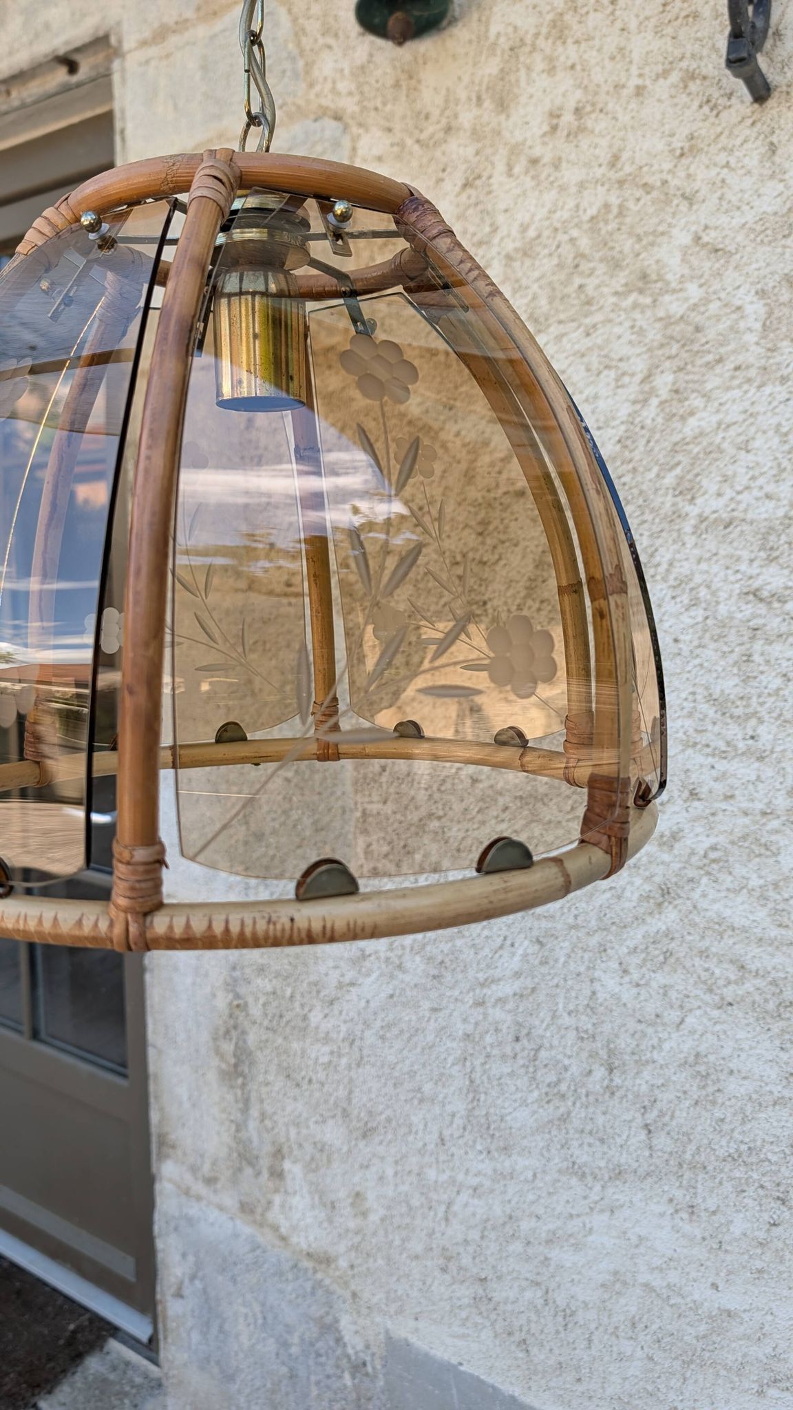 Vintage rattan and smoked glass pendant – 1970s