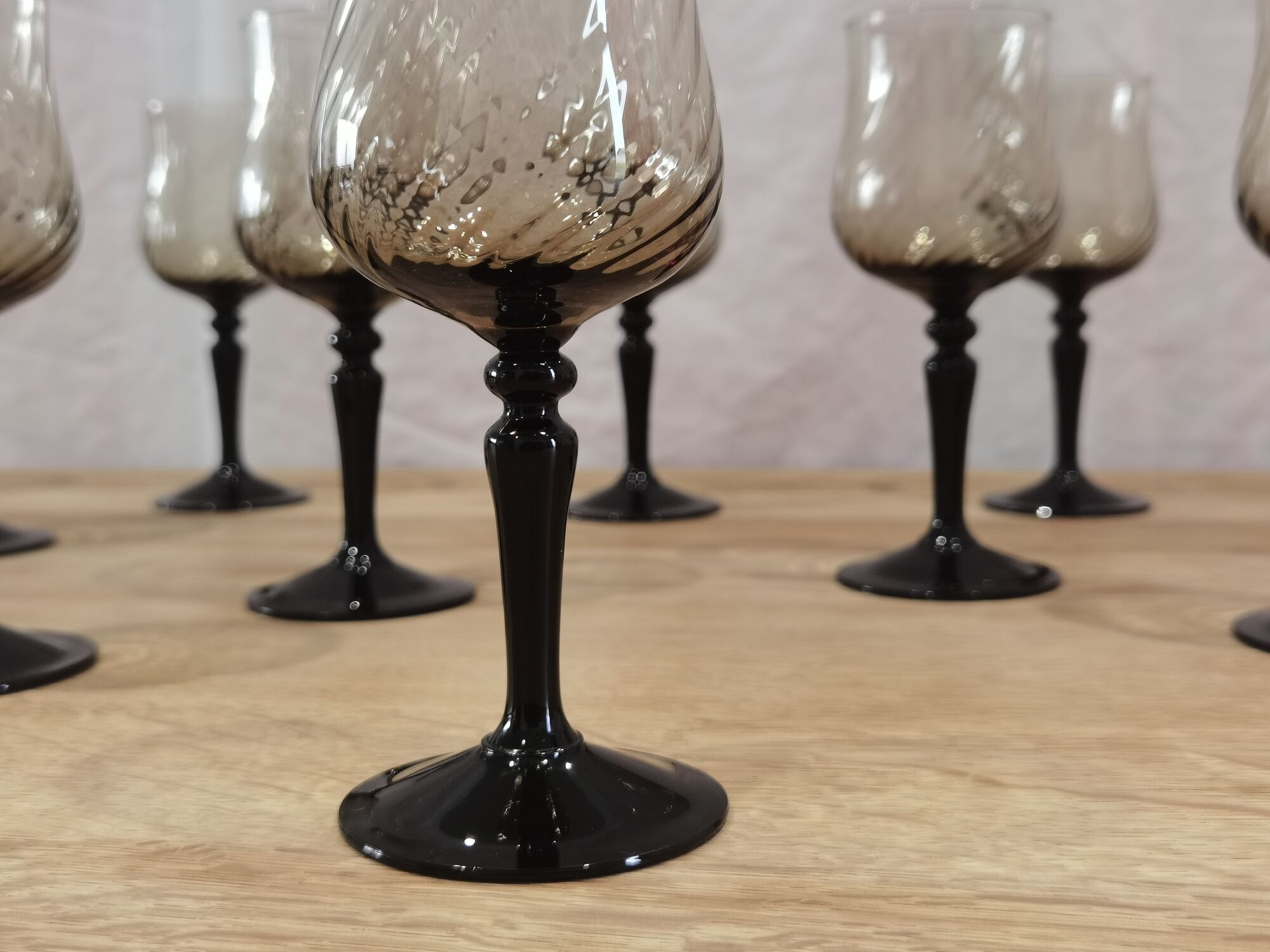 11 vintage black foot smoked twisted water glasses