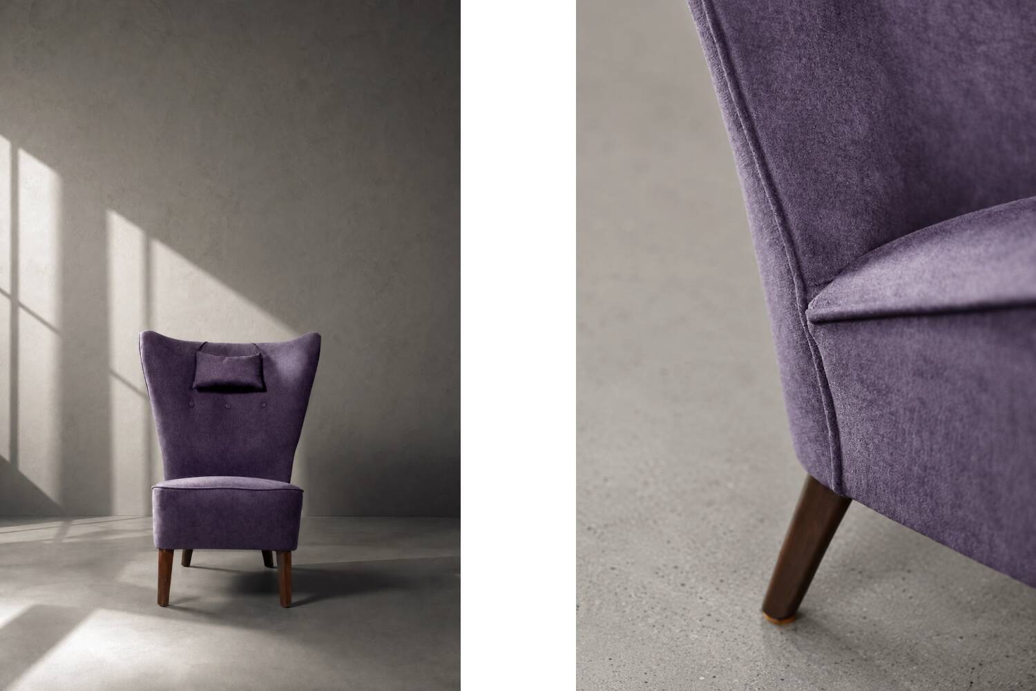Vintage Mid-Century Scandinavian Modern Oak & Purple Fabric High Back Wing