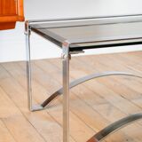 Rectangular coffee table in chrome and smoked glass, arched legs, Space Age, Design, 1970