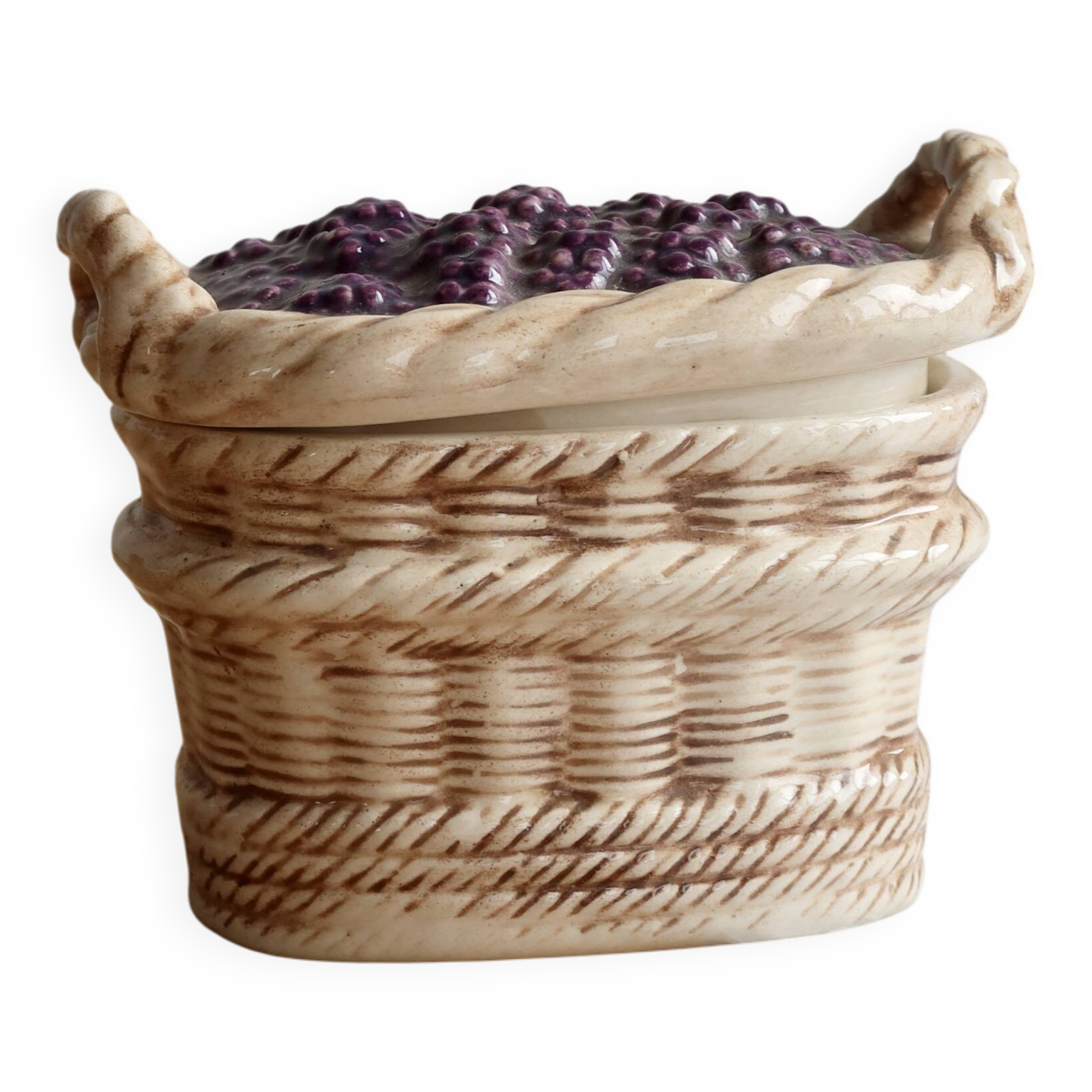 Vintage barbotine sugar bowl / sweet jar blackberry basket