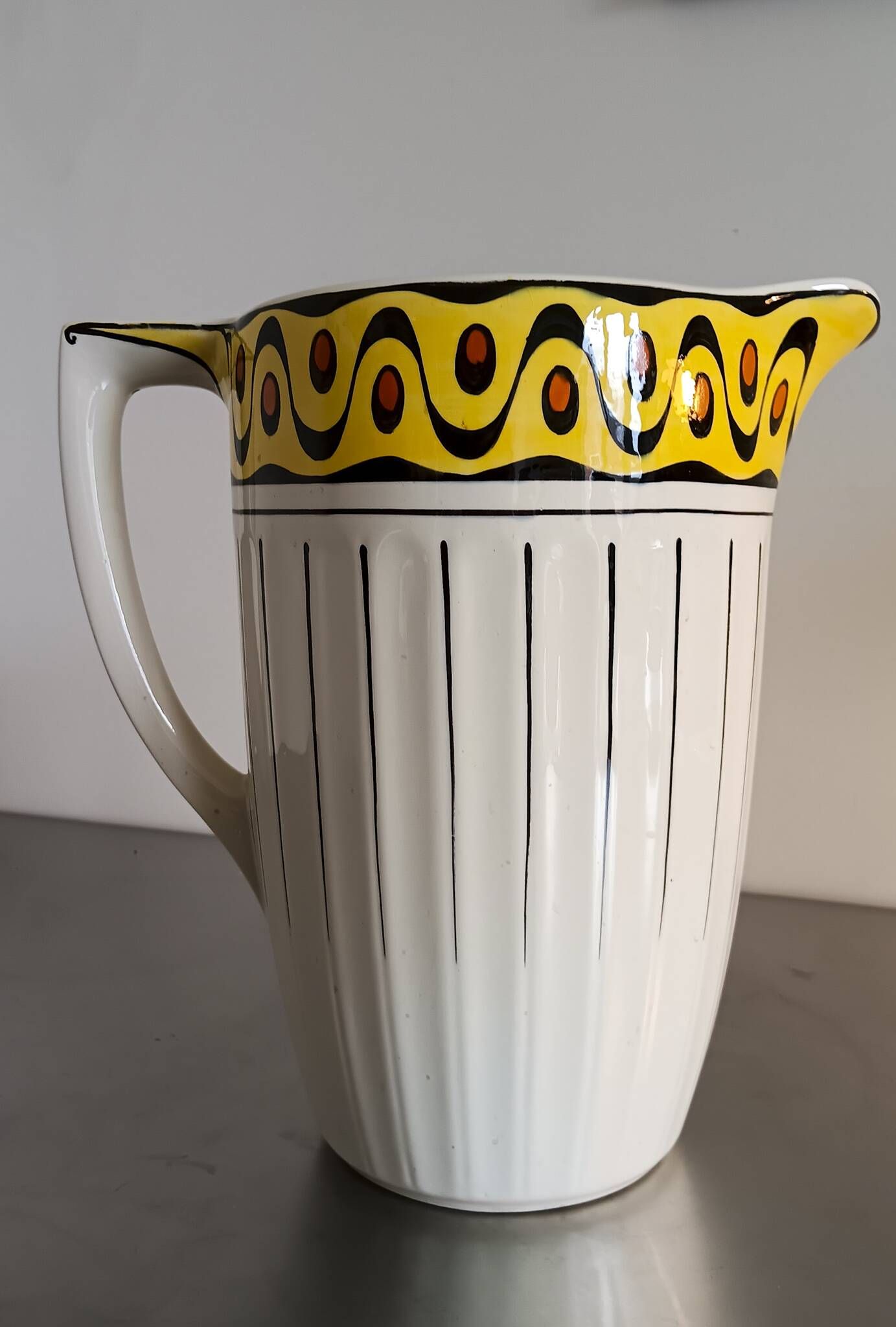 1 very large BFK (Boch Frères Keramis) Ambra 801 L jug. White, black lines and decorated band
