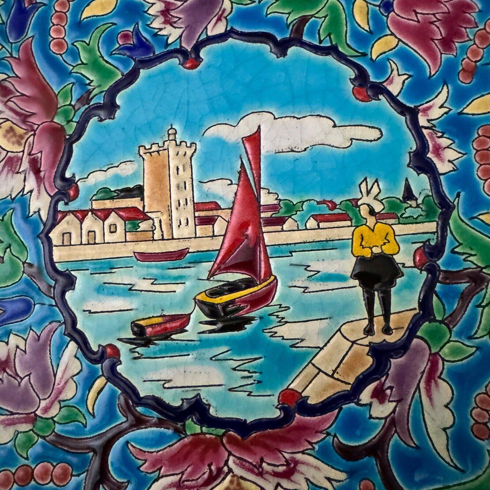 Longwy enamel dish decorated with a port scene