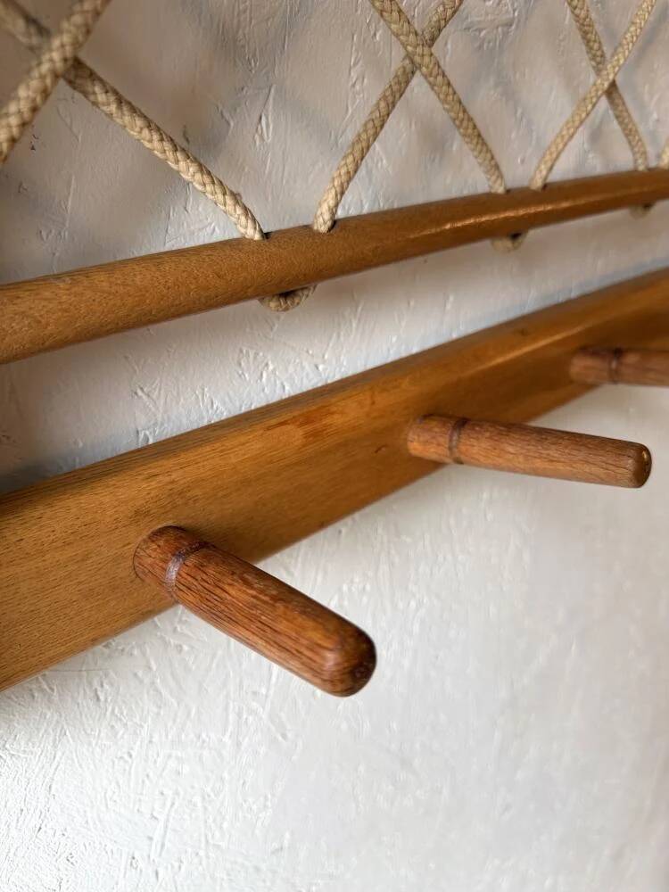 Vintage oak wall coat rack with braided cord 1960s