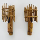Pair of rattan bamboo lantern wall lights. 1950s-1960s