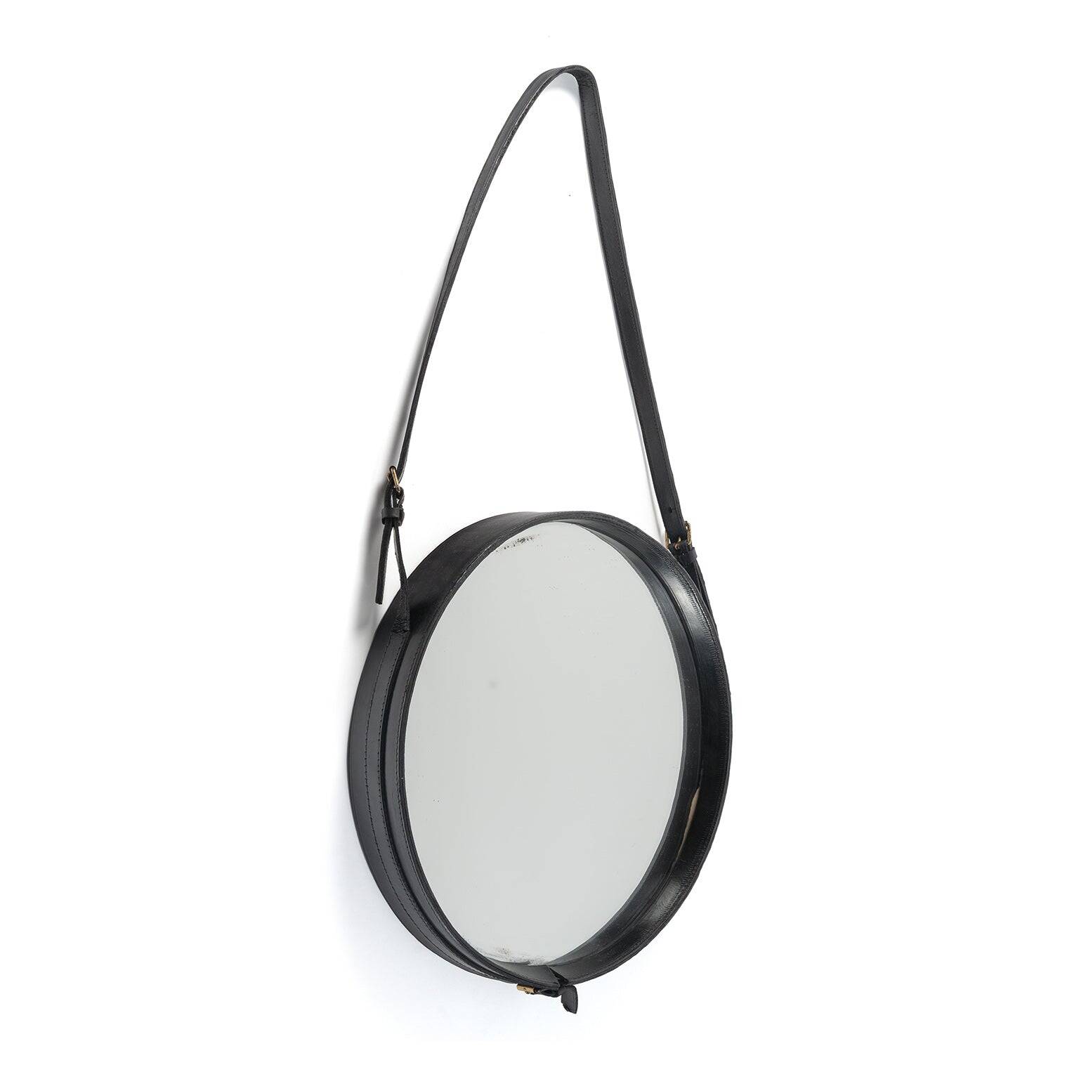 Leather strap mirror attributed to Jacques Adnet, France, 1950s.