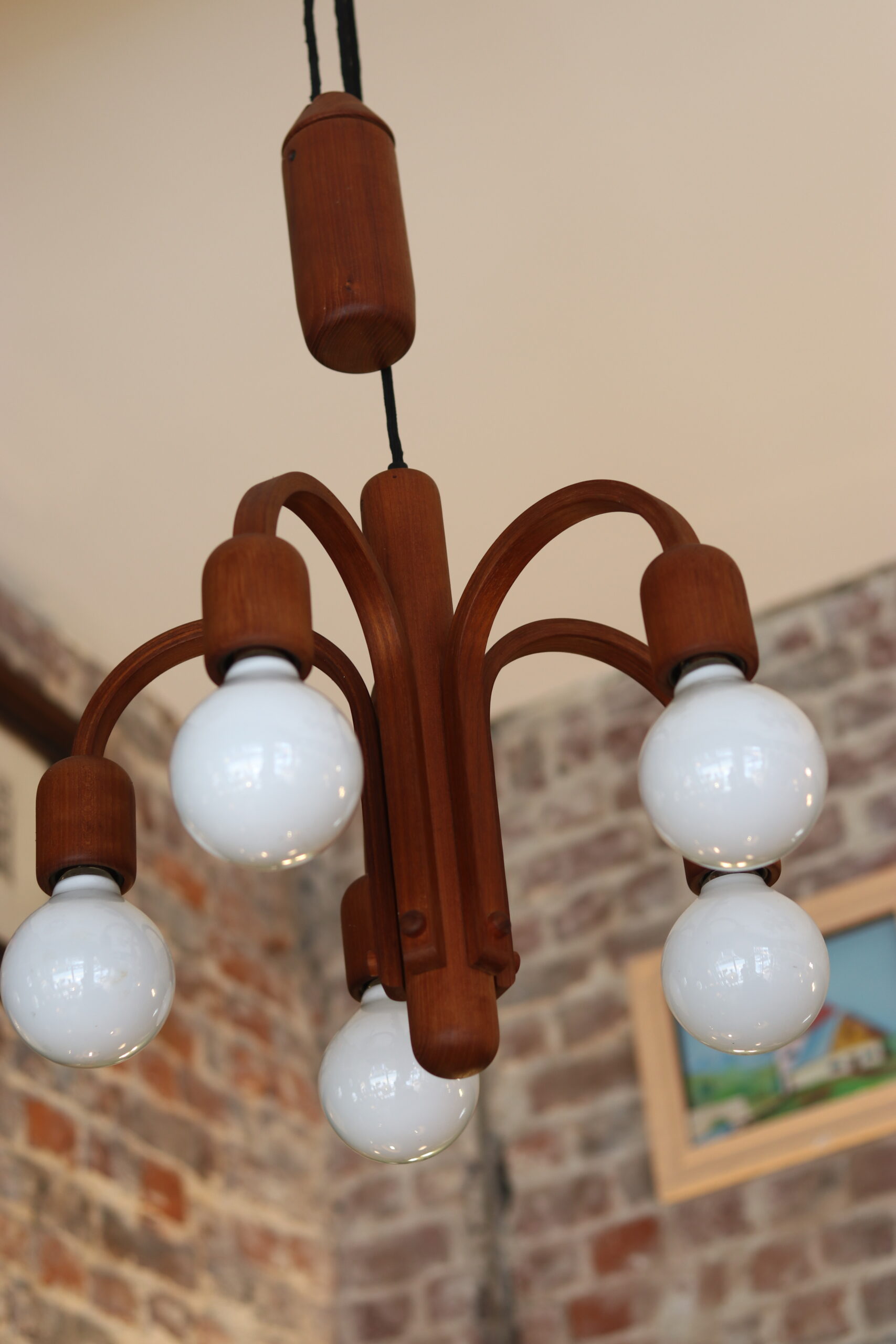 Danish pendant light Domus with counterweight in teak from the 1960s.
