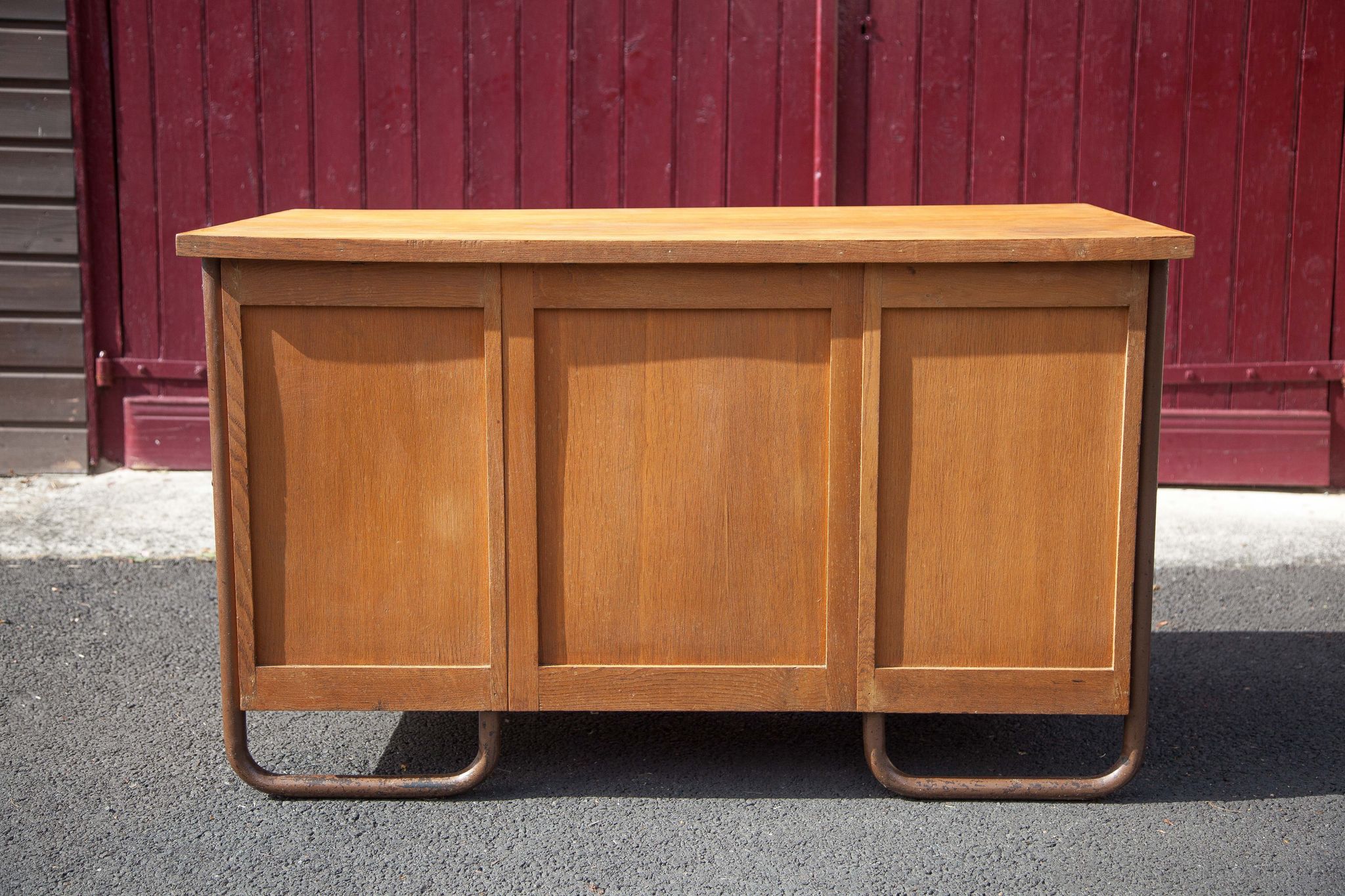 Old desk, wooden desk, school desk, desk with drawers and tablet, 50s