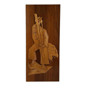 Mid-century Czech hand-carved wooden shepherd wall relief, 1960.