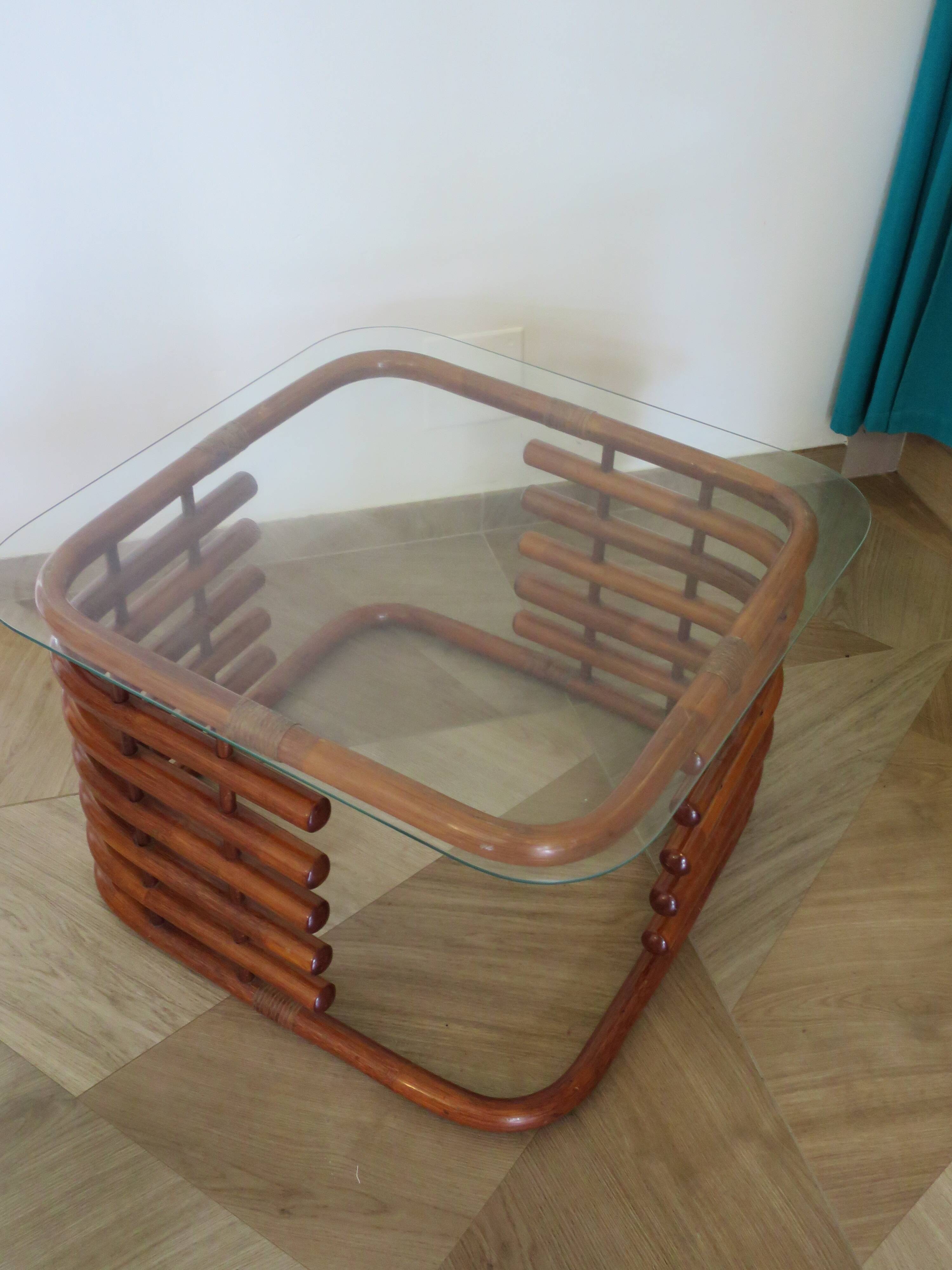 Table basse vintage - Bambou rotin et verre - Année 80 - Beau design