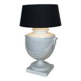 Large White Crackled Ceramic Urn Lamp with Drapery and Greek Frieze.