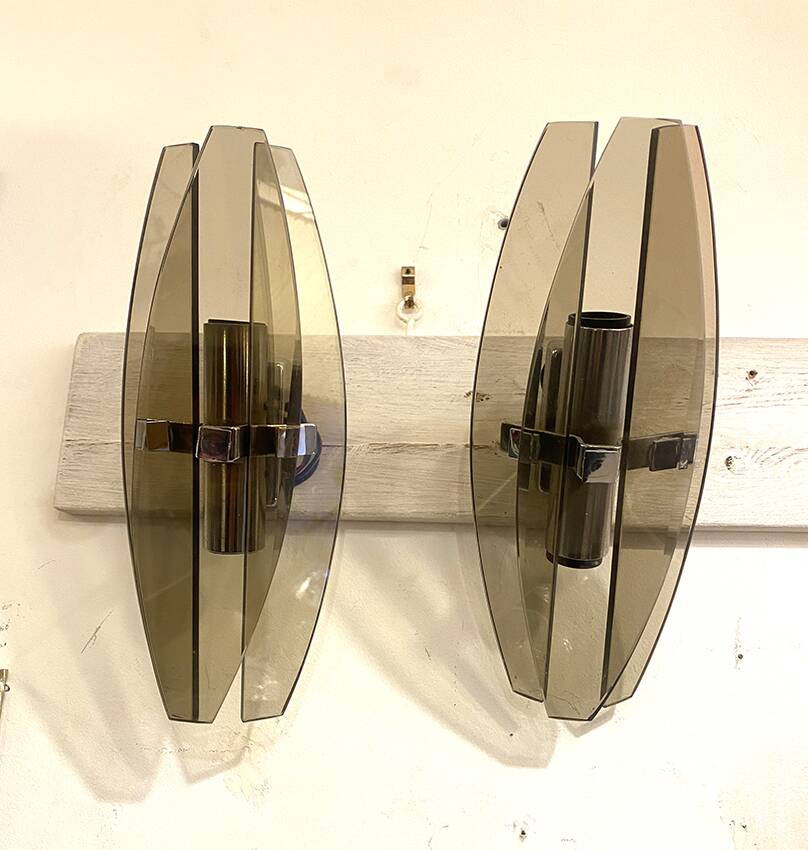 Pair of smoked glass and chrome wall lights, Italy, 1970