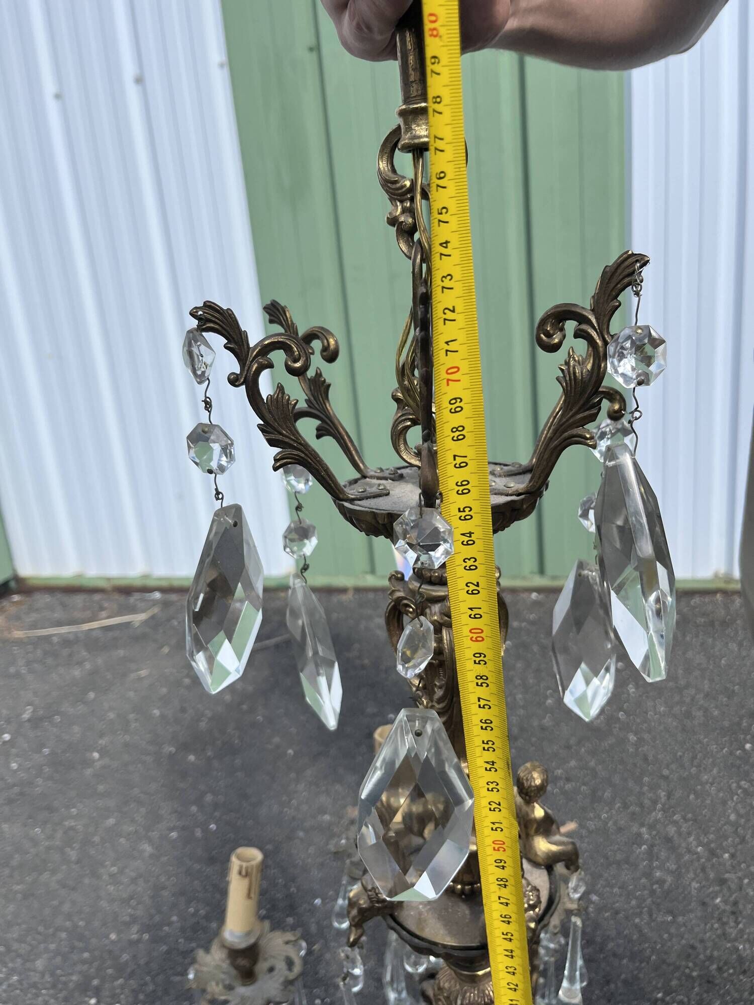 Large antique chandelier with 9 lights, bronze and cut glass pendants, cherubs, style