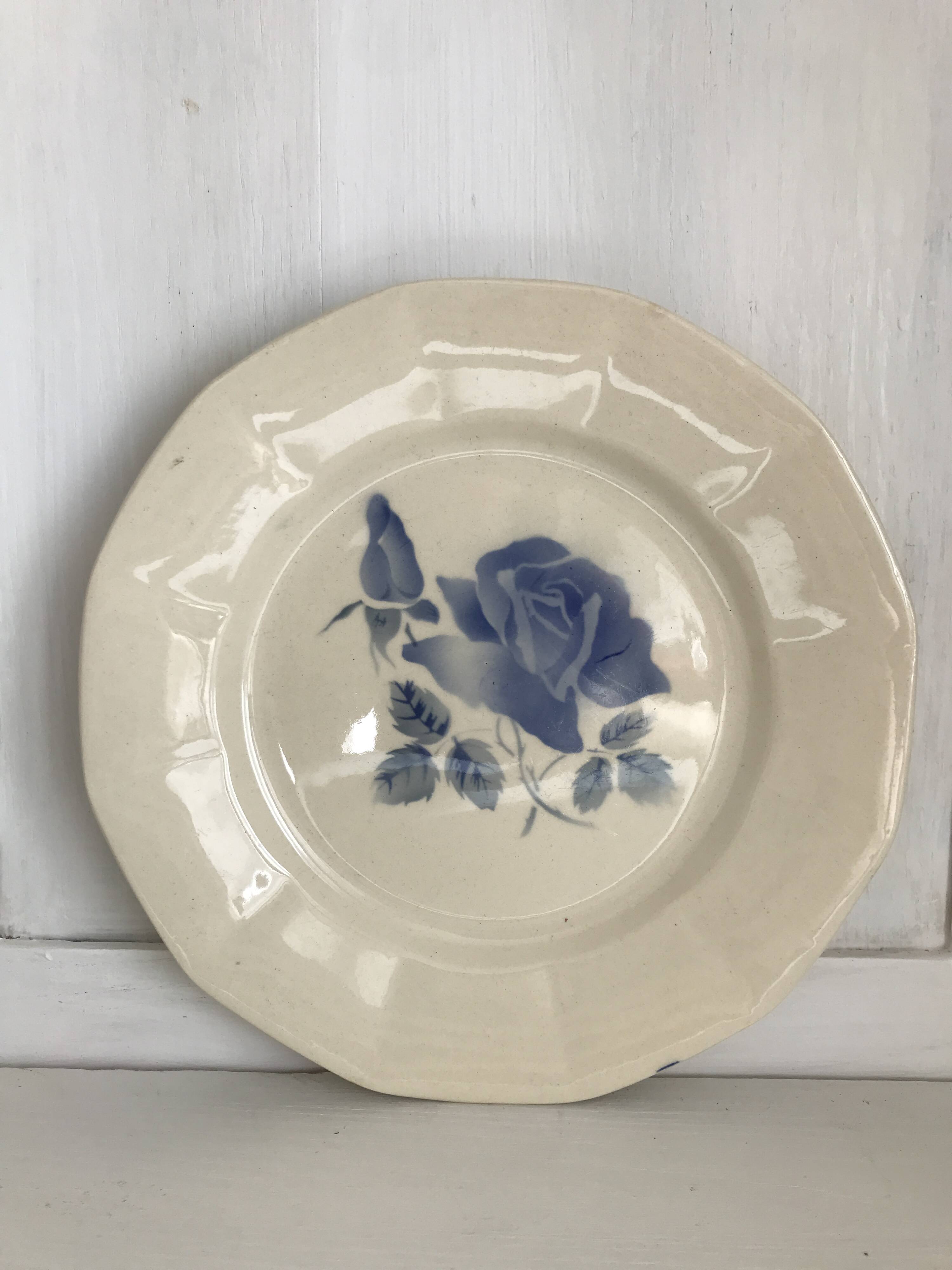 Set of 11 Digoin flat plates, blue rose patterns