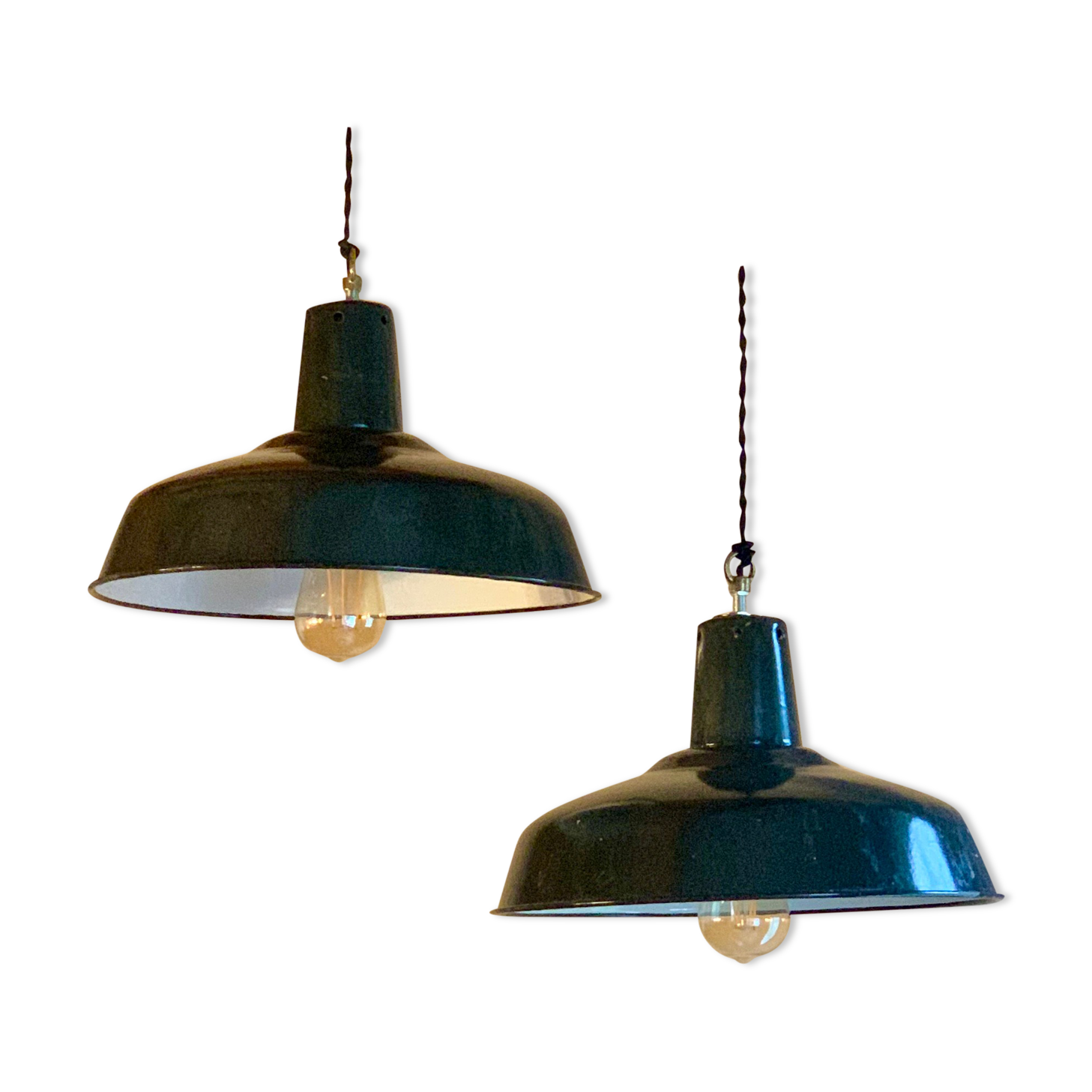 Pair of 40s enamelled XL industrial suspensions