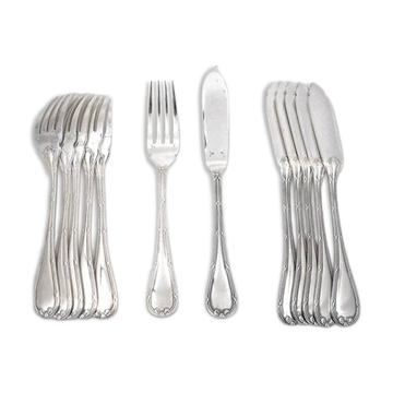 Christofle Rubans model, 6 fish cutlery, 12 pieces in silver-plated metal.