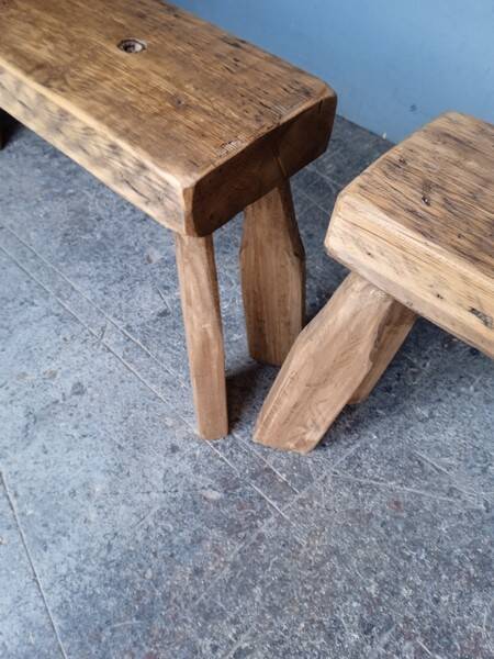 Pair of 2 patinated solid wood benches / stools