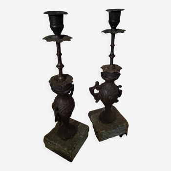 Pair of marble-legged candlesticks