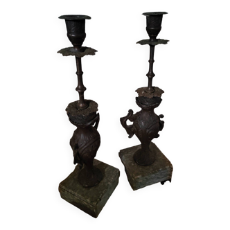 Pair of marble-legged candlesticks