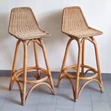 Pair of vintage rattan & bamboo stools 1950