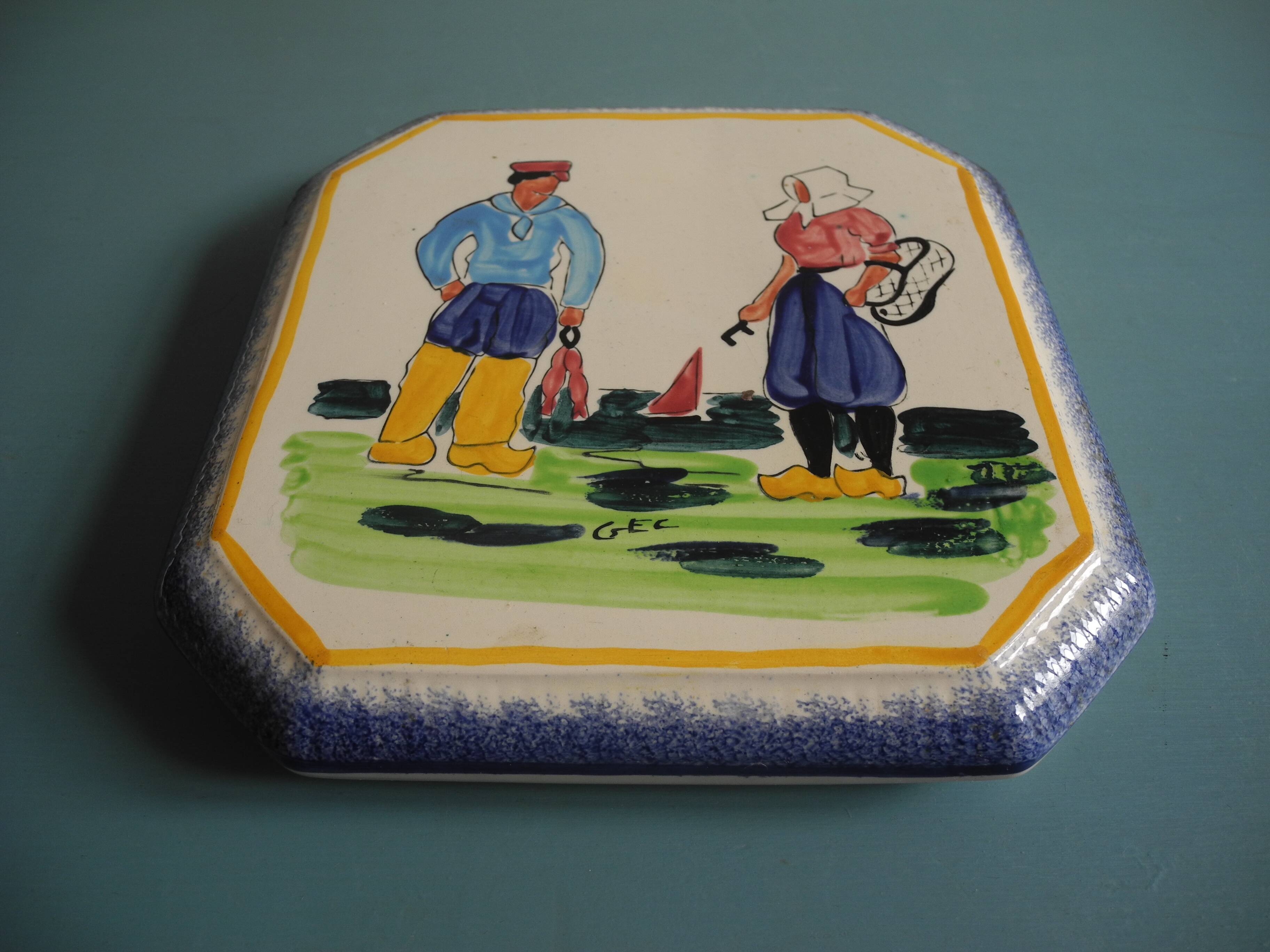 antique earthenware trivet from Pornic La Rochelle, vintage table trivet