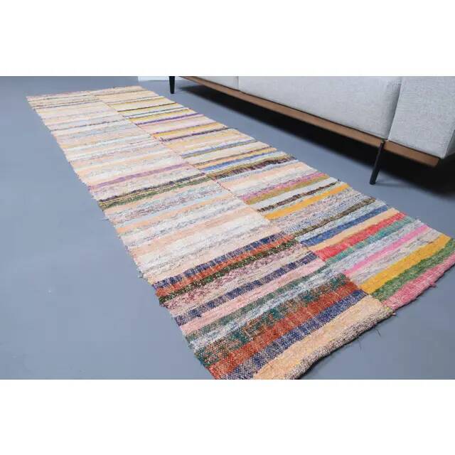 Vintage Turkish hand-knotted wool cotton beige kilim runner rug 85x260