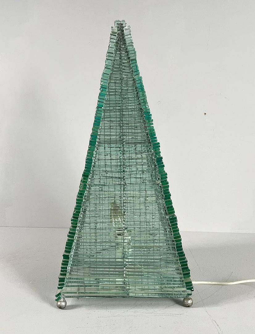 Sculptural pyramid table lamp, glass, France, 1970s.