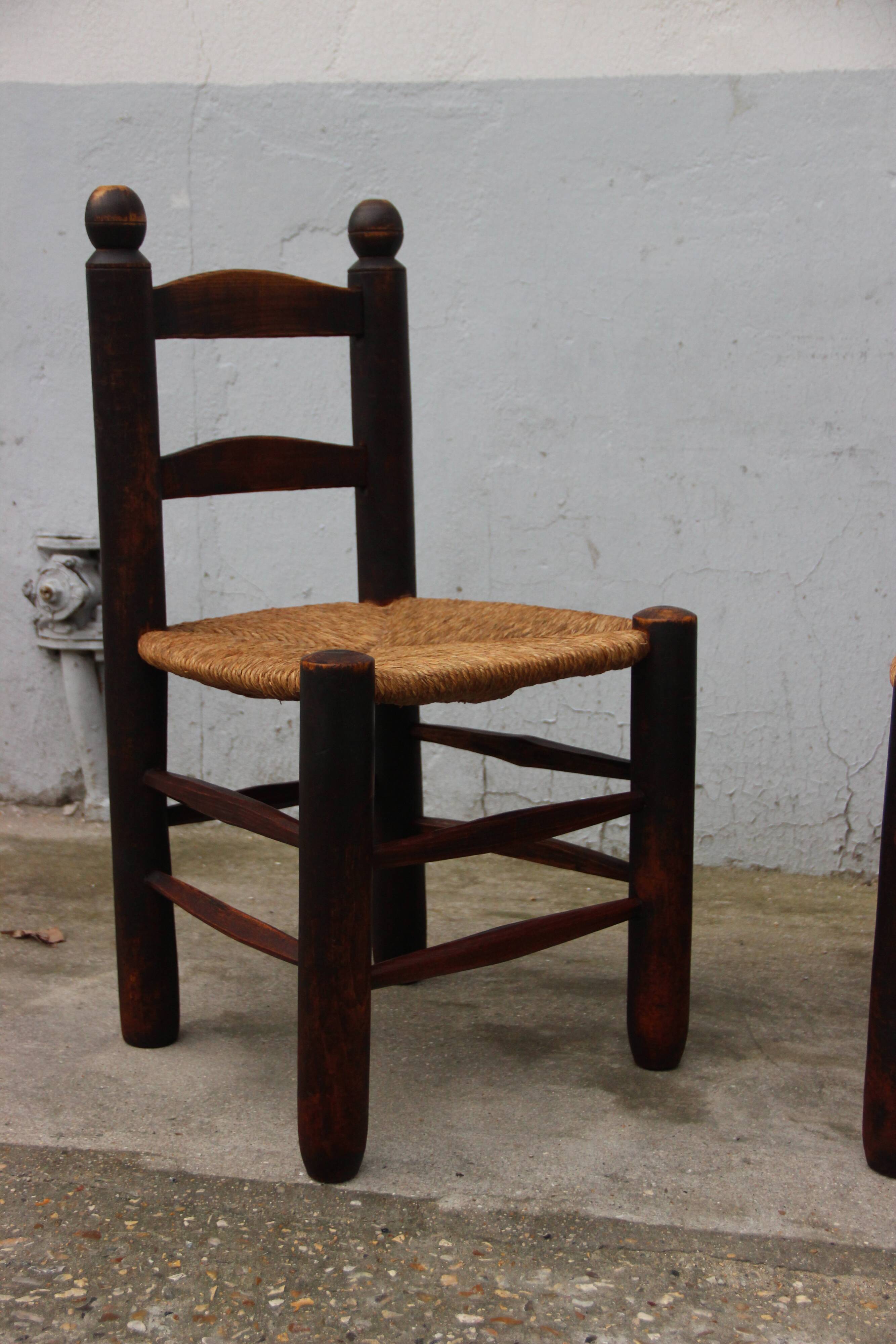Pair of chairs in solid oak and rope, raw art