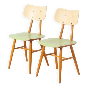 Set of 2 midcentury dining chairs from TON, green painted plywood, 1960S
