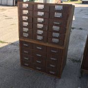 Brown wooden industrial wardrobe, multiple drawers, 1950s, workshop storage, Czech Republic.