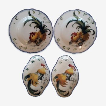 Lot de 2 assiettes et 2 plats en faïence de Luneville Collection "Les Coqs" - Signé K & G