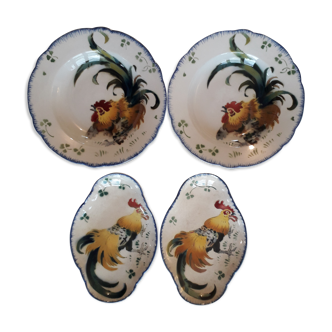 Set of 2 Plates and 2 dishes in Luneville earthenware - Collection "Les Coqs" - Signed K & G