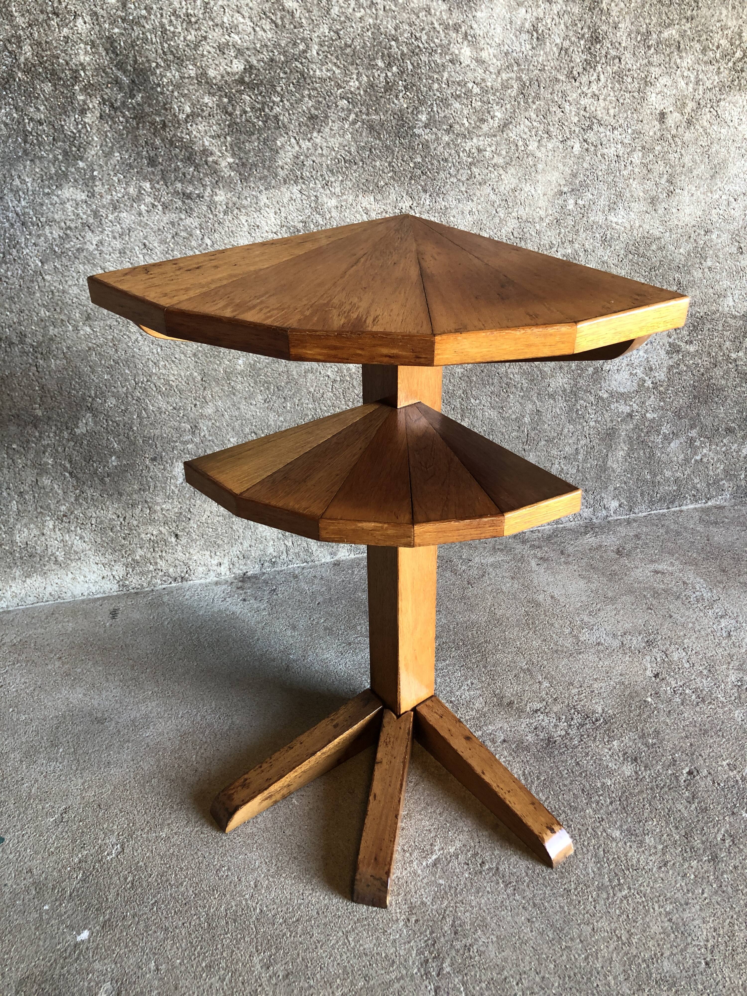Vintage light wood corner pedestal table